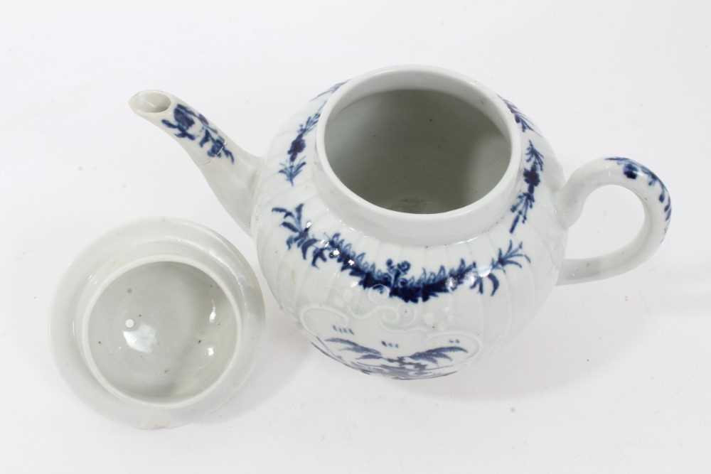 Rare Worcester small strap-fluted teapot and cover, circa 1755, painted in blue with the Fisherman a - Image 5 of 7