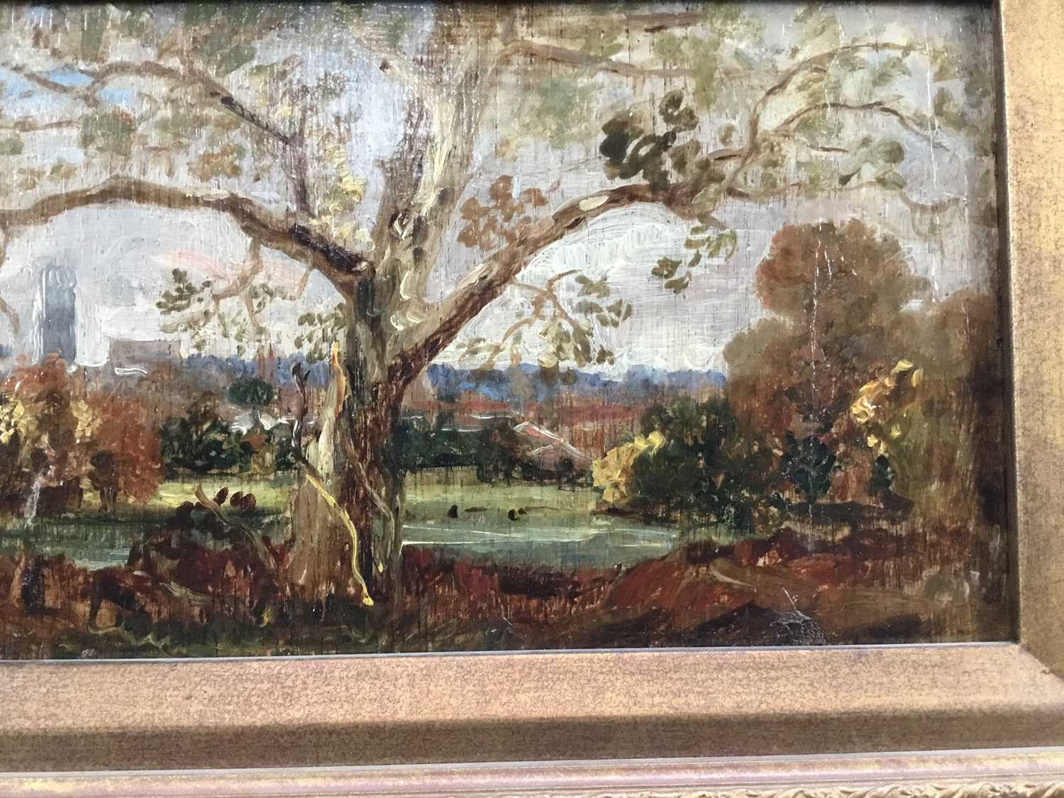 Thomas Churchyard (1798-1865) oil on panel - View through trees, inscribed 'Anna' verso, 13.5cm x 28 - Image 4 of 8
