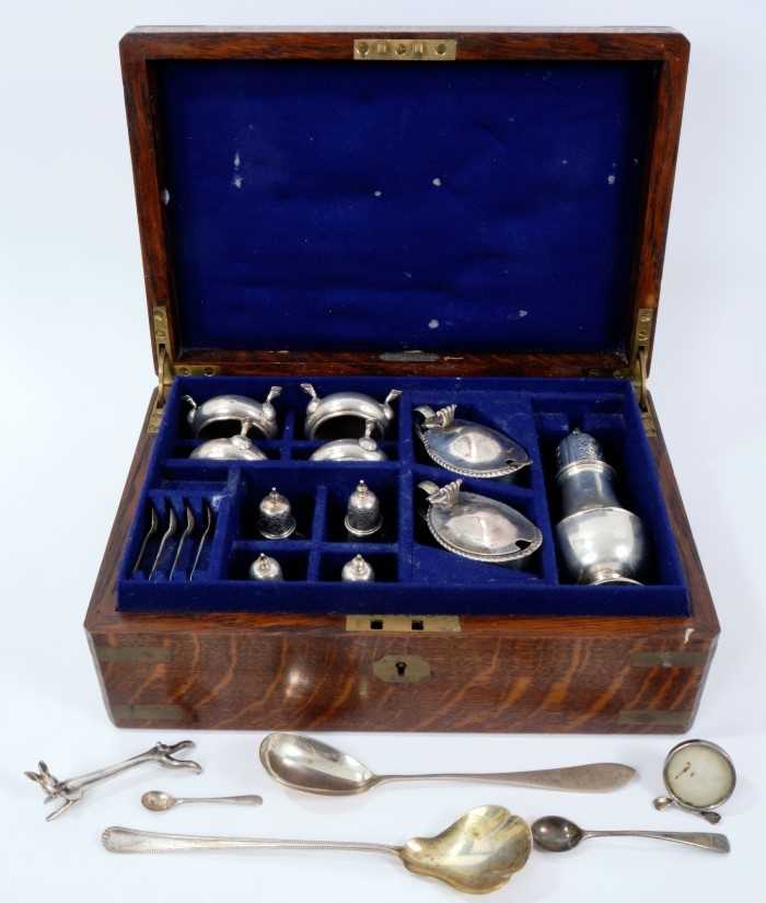 Composite Edwardian silver condiment set in a fitted case and other items