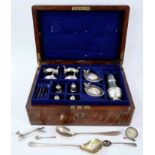 Composite Edwardian silver condiment set in a fitted case and other items