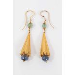 Pair of Etruscan revival gold, emerald and sapphire bead pendant earrings, each with a emerald bead