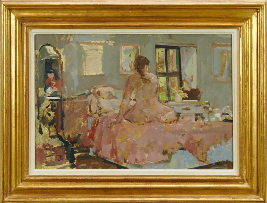 Tom Coates (b.1941) oil on board - interior with a female nude seated on a bed, monogrammed, 30cm x