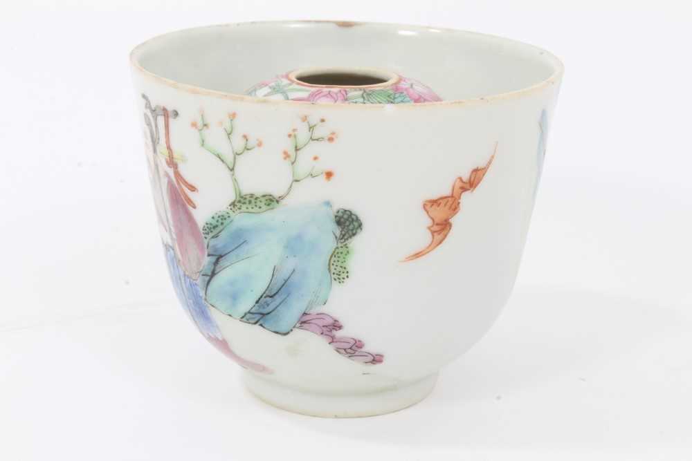 Chinese Qing porcelain 'trick cup' with famille rose figural decoration and flying bat, 8.7cm in dia - Image 2 of 6