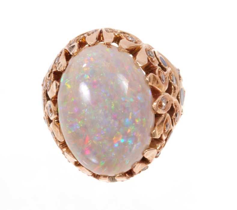 Opal, diamond and enamel cocktail ring with a large oval cabochon opal measuring approximately 19mm - Image 2 of 3