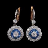 Pair of diamond and sapphire cluster pendant earrings