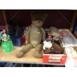 Vintage teddy bear, roller skates, doll and dolls furniture, plus toy cars