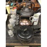 Large cast iron teapot, together with an enamel saucepan and jug, copper kettle, flat iron, glass ja