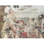 Antique needlework panel depicting a family group being entertained by a musician, 66cm x 60cm, in m