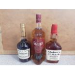 Bottle of Grant's blended scotch whisky 1 litre, bottle of Hennessy Cognac 70cl and bottle of Maker'