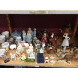 Three Royal Doulton and Coalport ladies, continental figurines, animals, mixed china and copper ware