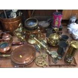 Two copper warming pans, copper kettles, brass miners lamp and other copper, brass and metalware