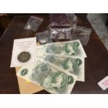 Three old pound notes and lot coins