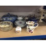 Quantity of ceramics, including a blue and white tureen, Victorian plates, Masons jugs, etc