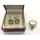 Pair 9ct gold emerald earrings and similar ring (2)
