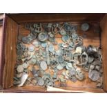 Case of metal detector finds, including buttons, pins and coinage