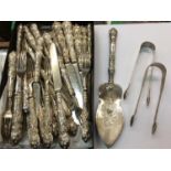 Georgian silver handled knives and forks, silver cake slice and two pairs silver sugar tongs