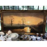 Large gilt framed Michael Morris oil painting of a canal or river scene, 100cm x 49.5cm