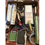 Vintage pens and pencils, two lighters, Stanley London brass compass, bottle opens and screws, Brita
