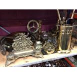 Selection of brassware including stationary desk stand with ink wells, chestnut roaster, fire utensi