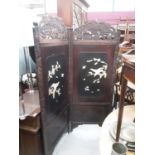 Late 19th century Japanese two fold screen with lacquered panels and applied carved bone bird and fl