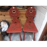 Pair decorative Dutch polychrome painted hall chairs