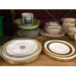 Spode and Wedgwood plates and soup bowls, continental figurines, Royal Brierley Art Glass and sundry