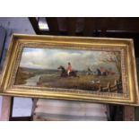Gilt-framed oil painting of a hunting scene