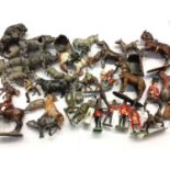 Box of lead soldiers, horses and farm animals