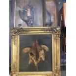 19th century oil over print of dead game in gilt frame, inscribed in pencil ' Bentley Hall, Coal Ast