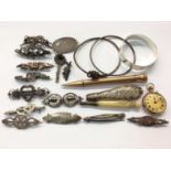 Edwardian 9ct gold cased fob watch, Georgian buckles, Victorian silver brooches and bijouterie