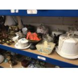 Sundry items, including ceramic cheese domes and tea wares, brass GWR lamps, onyx items, scales, etc