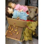 Two vintage dolls, two vintage bears and other toys
