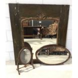 Mahogany swing frame toilet mirror, oval bevelled wall mirror and one other large wall mirror.