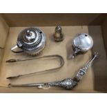 Silver tongs, mustard pots, cruet and hook (6)