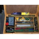Selection of Meccano in wooden fitted box including boxed electric motor, gears, wheels, pulleys etc