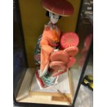 Japanese hat seller doll in traditional costume and display case