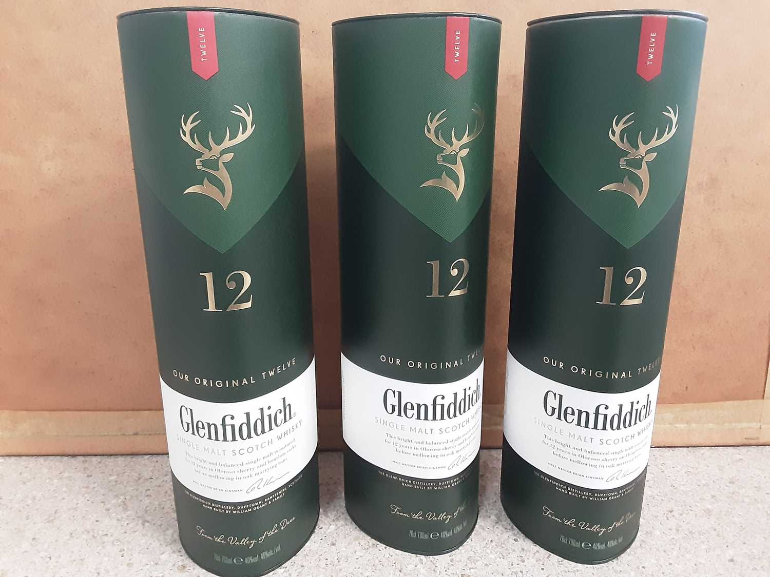 Three bottles of Glenfiddich The Original Twelve 75cl single malt scotch whisky, in original boxes