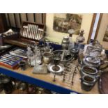 Silver mounted decanters, plate, cutlery etc