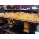 Good quality Art Deco style burr maple veneered dining table on end standards, 200cm wide, 101cm dee