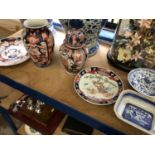 Quantity of oriental porcelain, including two Japanese Imari vases and two dishes, a blue and white