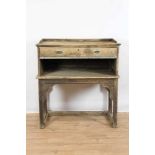 Rare early 20th century oak trading counter, with gallery top and rear drawer, the front emblazoned