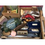 Box of miscellaneous items including pair old spectacles, small pipe in case, Salter scales, pottery