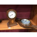 Edwardian inlaid mantel clock, together with a barometer