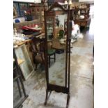 1930s walnut cheval mirror with shell cresting silver on splayed end standards