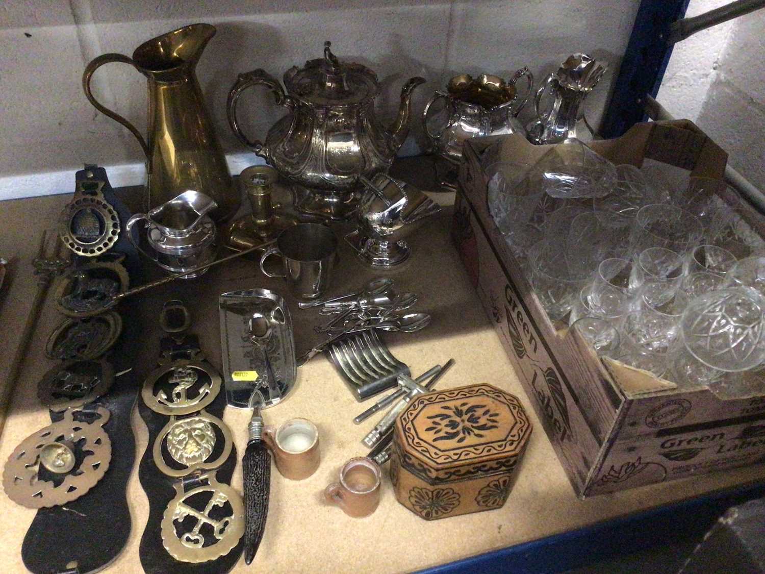 Quantity of silver plate, brass, glassware and sundries, together with a Norwegian silver Christenin