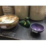 Flambé studio pottery bowl, pottery green glazed duck, Japanese bow,