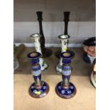 Pair of Doulton Lambeth candlesticks, pair of Mason's Chartreuse candlesticks, and a pair of turned