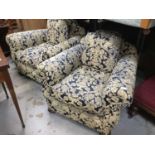Pair good quality Edwardian club chairs with blue and gold mouquete upholstery on bun feet