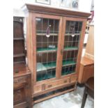 Early 20th century oak bookcase/display cabinet with shelved interior enclosed by two tinted and lea