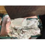 Box containing silk scarves, ties, table linens, boxed handkerchiefs, a small selection of vintage c